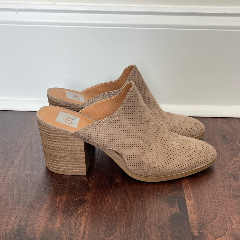Dolce Vita Tan Mules Heels Slip-On Shoes, Vegan Suede, Chunky Heel DV SOLD! - Picture 2 of 5